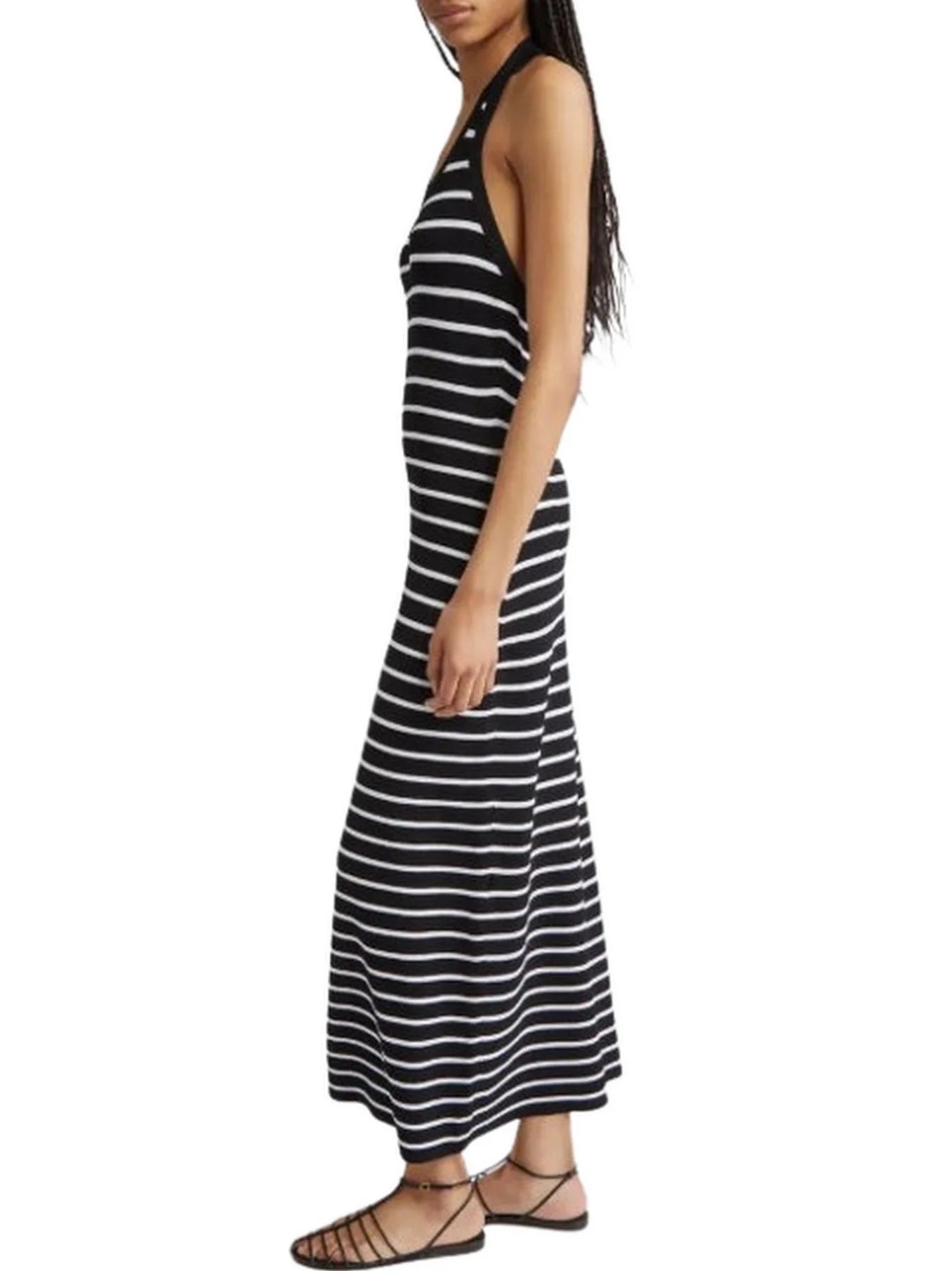 Backless Black and White Striped Knit Maxi Dress - Dresses