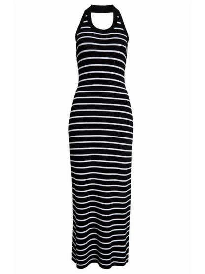 Backless Black and White Striped Knit Maxi Dress - S - Dresses