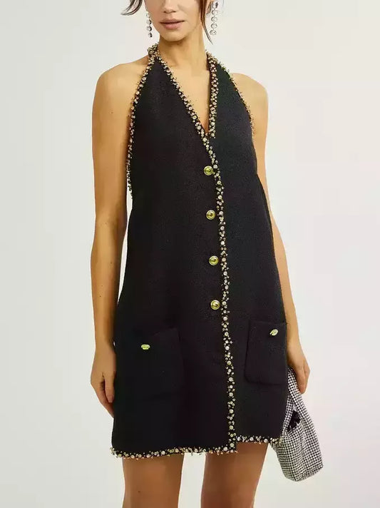 Black Embellished Halter-Neck Mini Dress with Gold Buttons, Backless Design and Chic Style