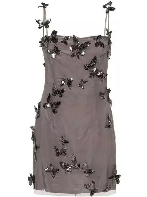 Backless Butterfly-Sequin-Applique Mesh-Overlay Mini Dress - Dresses