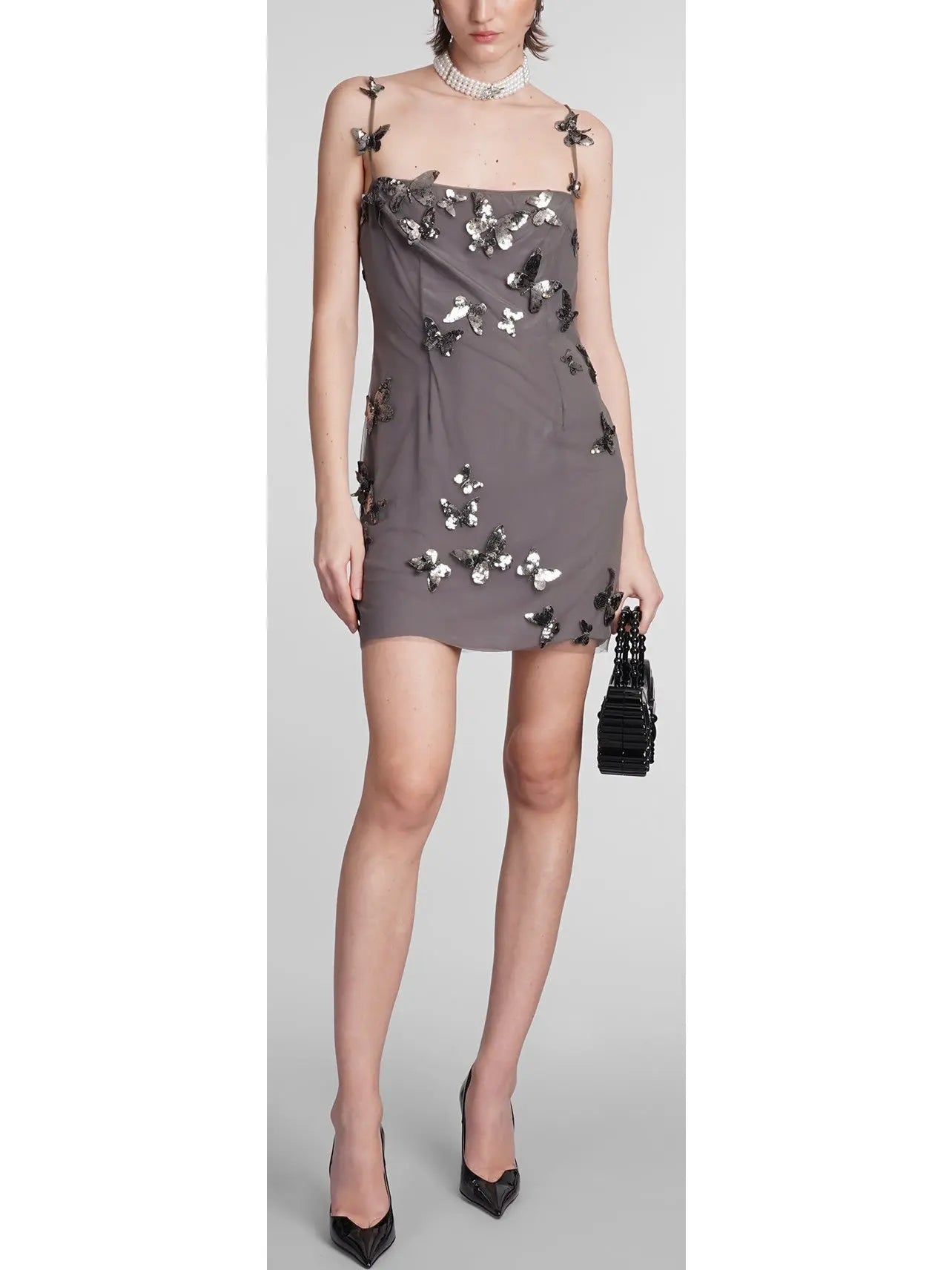 Backless Butterfly-Sequin-Applique Mesh-Overlay Mini Dress - Dresses