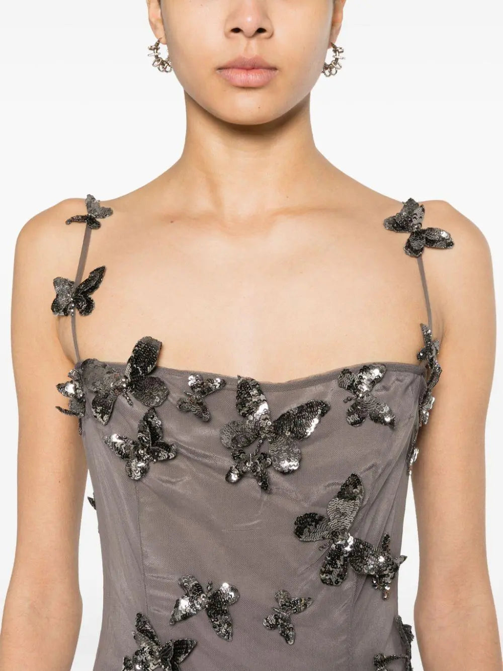 Backless Butterfly-Sequin-Applique Mesh-Overlay Mini Dress - Dresses