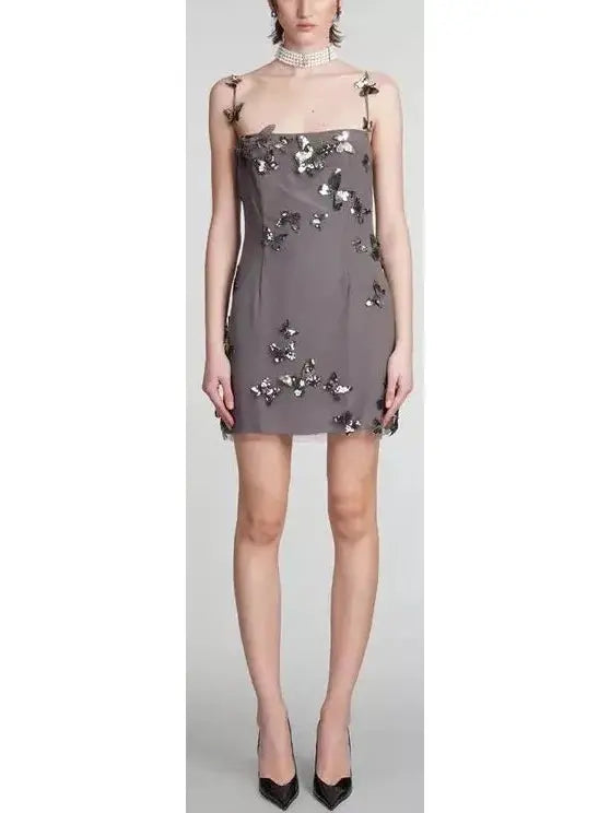 Backless Butterfly-Sequin-Applique Mesh-Overlay Mini Dress - Dresses