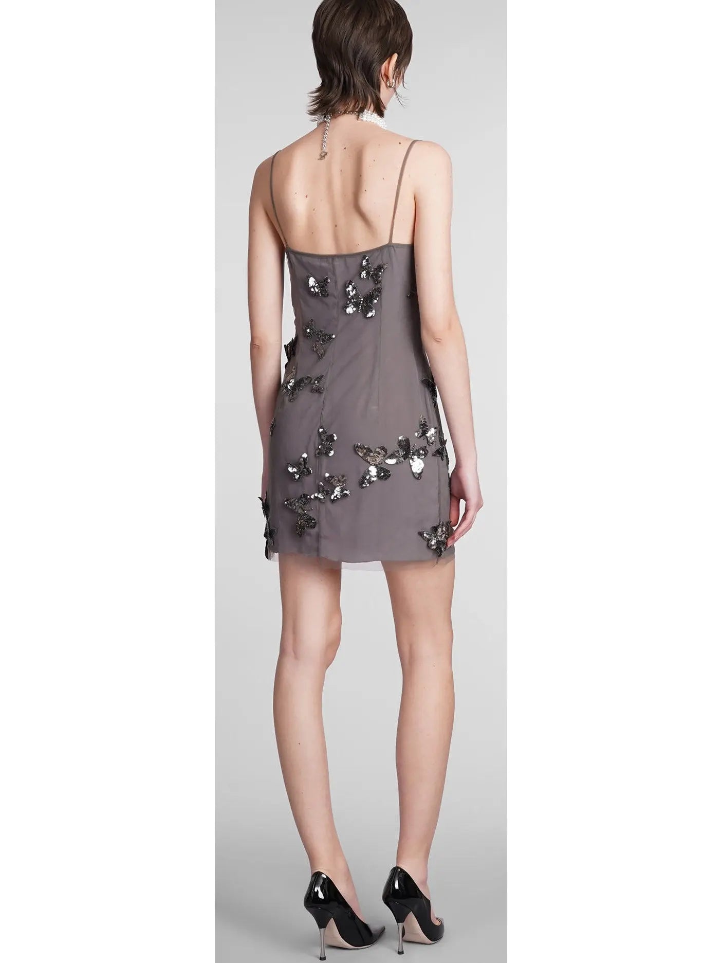 Backless Butterfly-Sequin-Applique Mesh-Overlay Mini Dress - Dresses