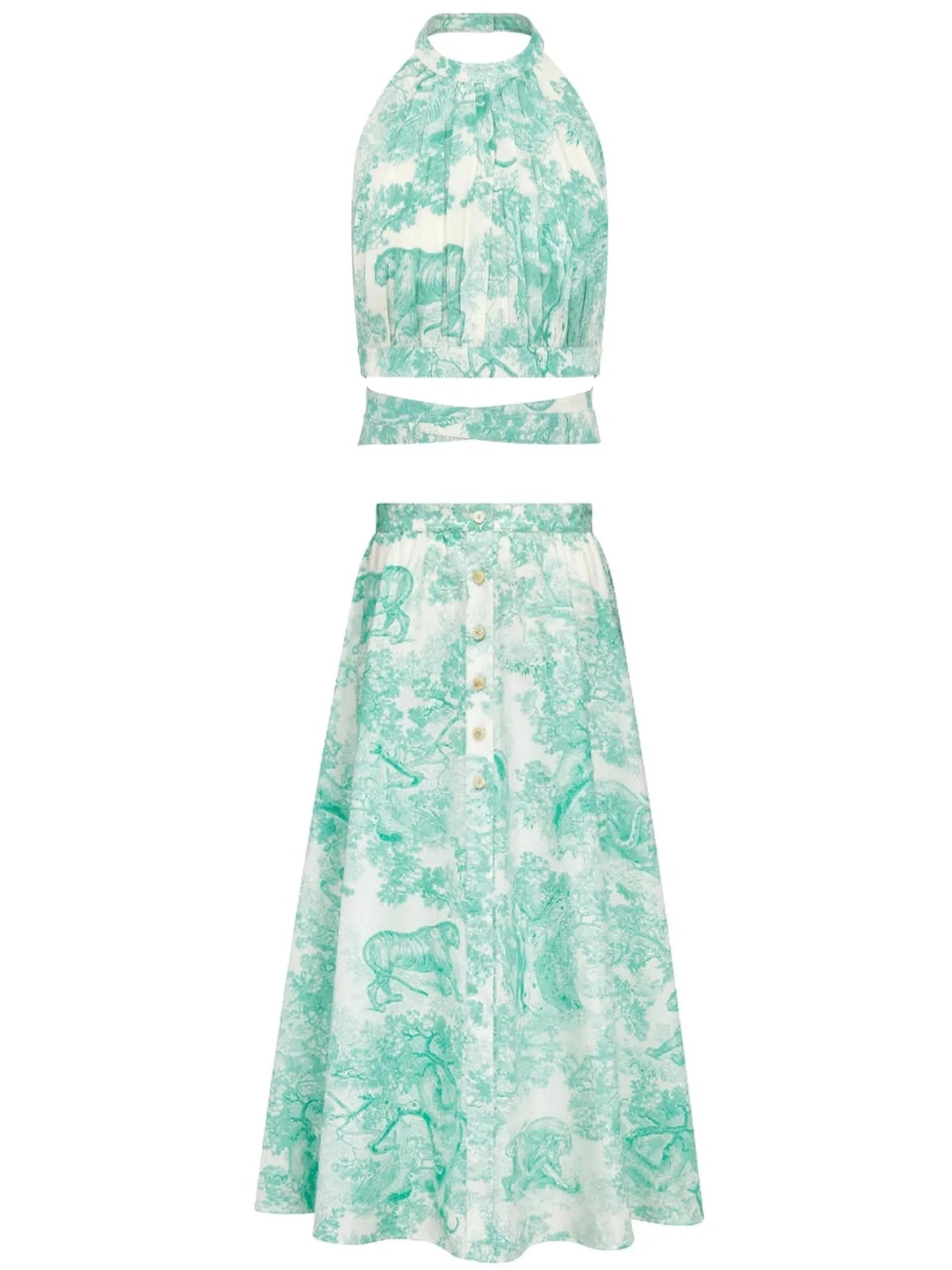 Backless Cropped Top and mid-Length Skirt Set with Toile de Jouy Print - small - Suits & Sets