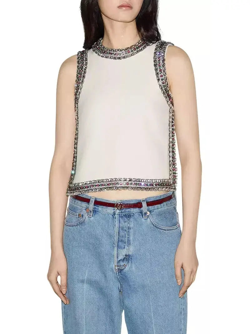 Backless Crystal-Embellished Crêpe Cady Chalk-Colored Top - Tops