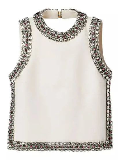 Backless Crystal-Embellished Crêpe Cady Chalk-Colored Top - Tops