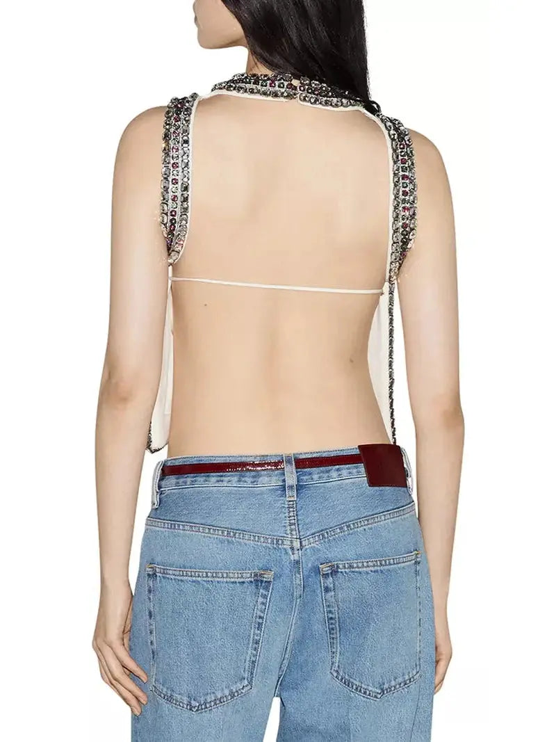 Backless Crystal-Embellished Crêpe Cady Chalk-Colored Top - Tops