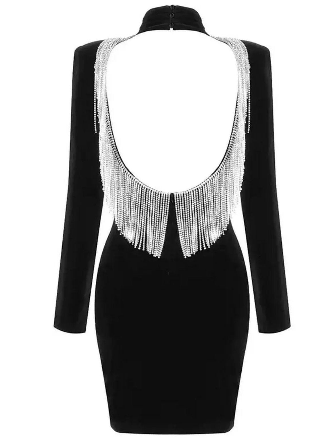 Backless Crystal-Fringe Velvet Dress - Dresses