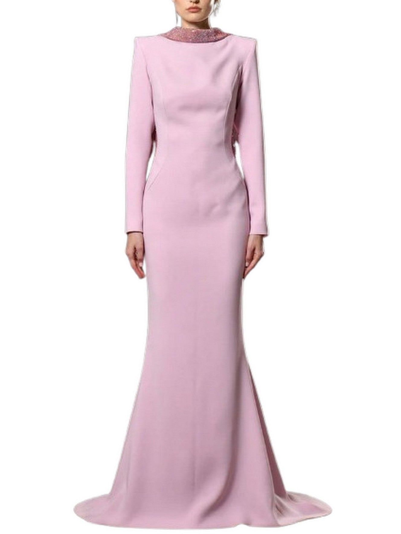 Backless Crystal-Trim Long Rose-Applique Gown - Dresses