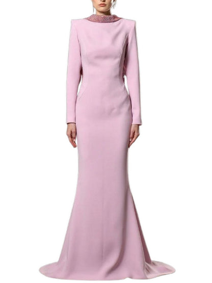 Backless Crystal-Trim Long Rose-Applique Gown - Dresses