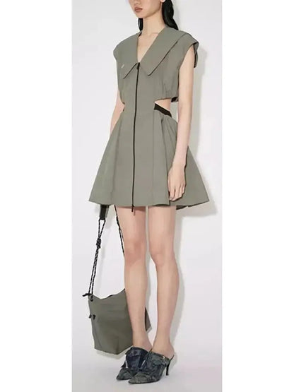 Backless Cut-Out Olive Green Flared Mini Dress - Dresses