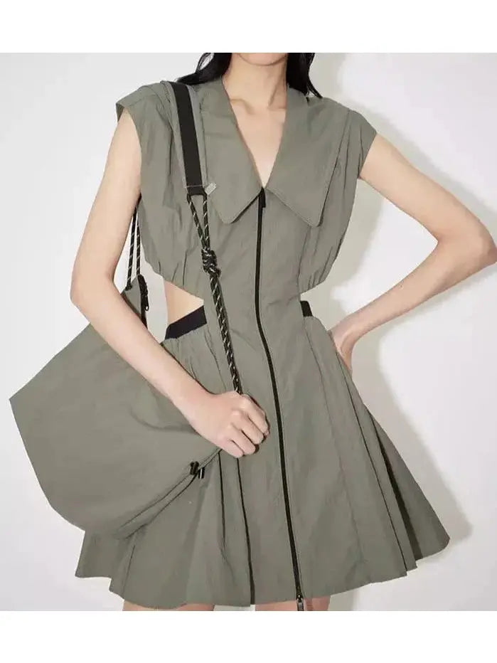 Backless Cut-Out Olive Green Flared Mini Dress - Dresses