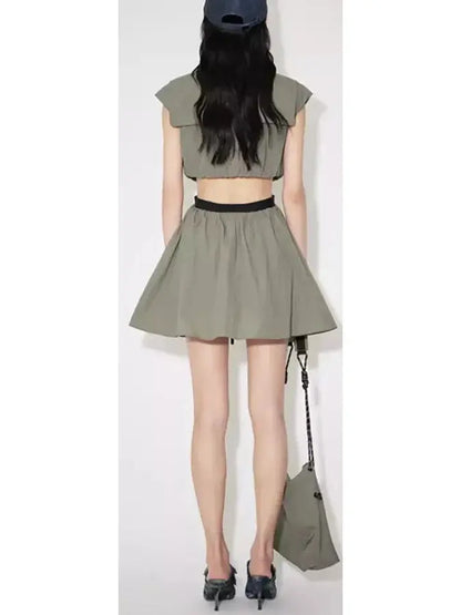 Backless Cut-Out Olive Green Flared Mini Dress - Dresses