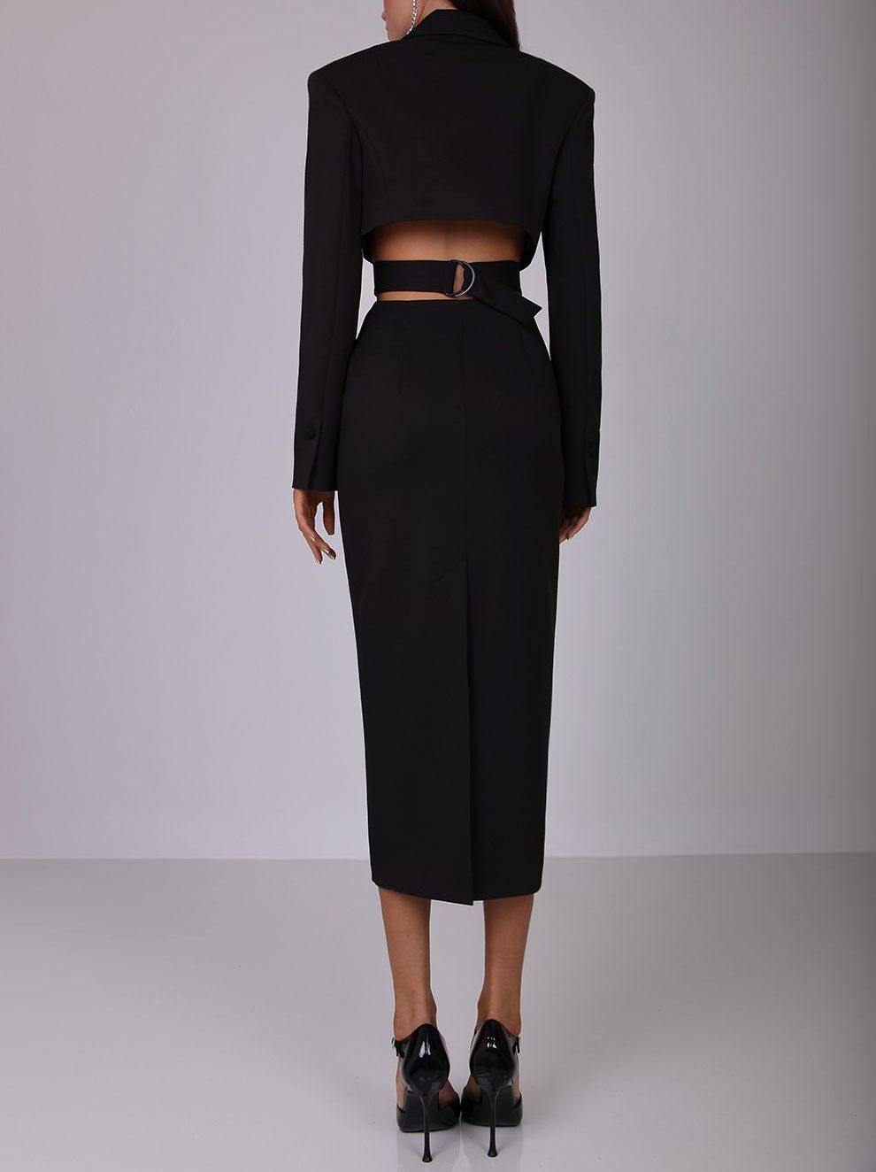 Backless Cut-Out Single-Breasted Black Midi Dress - Dresses