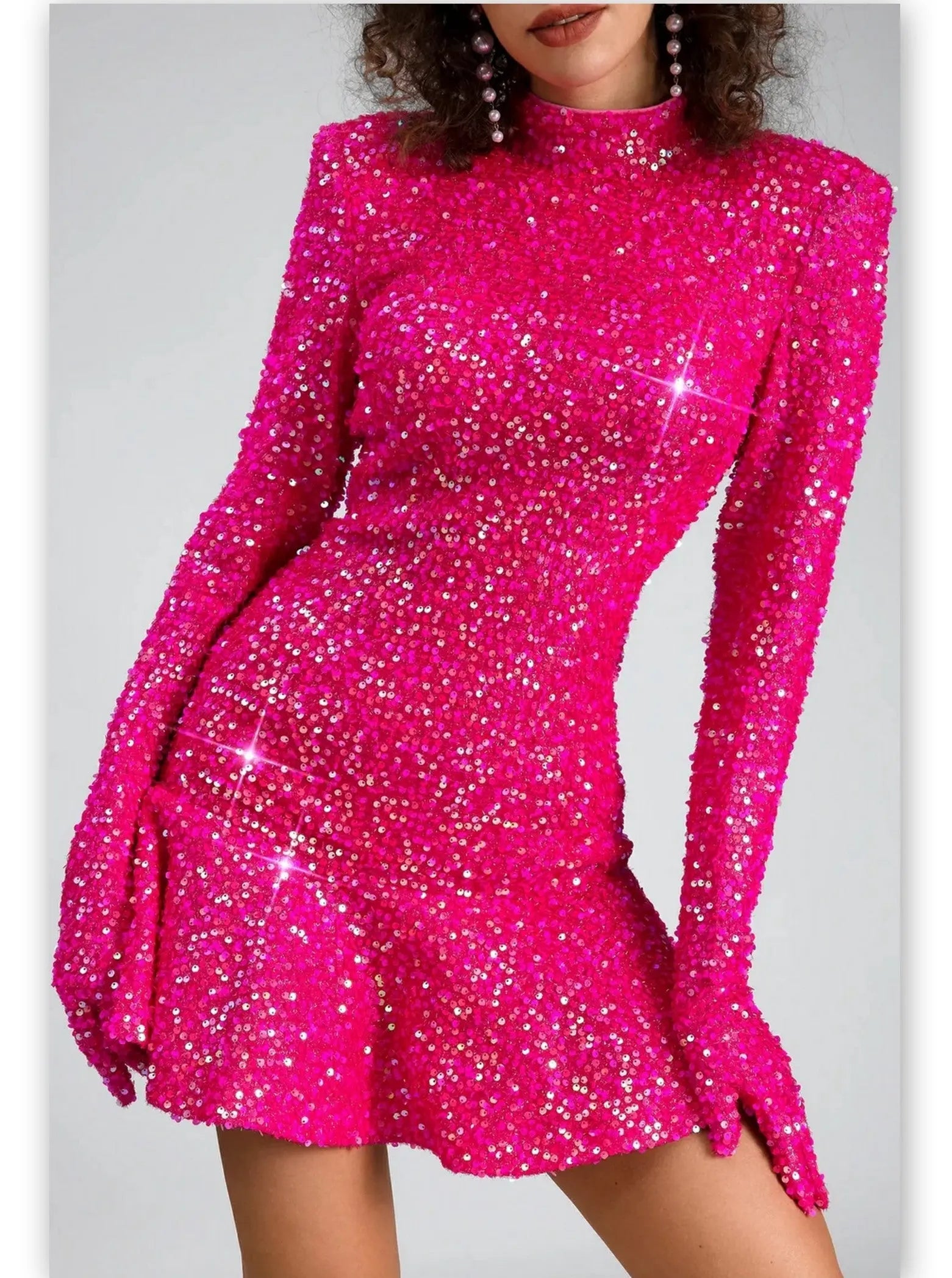 Backless Fuchsia Pink Glitter Sequin Dress - Dresses