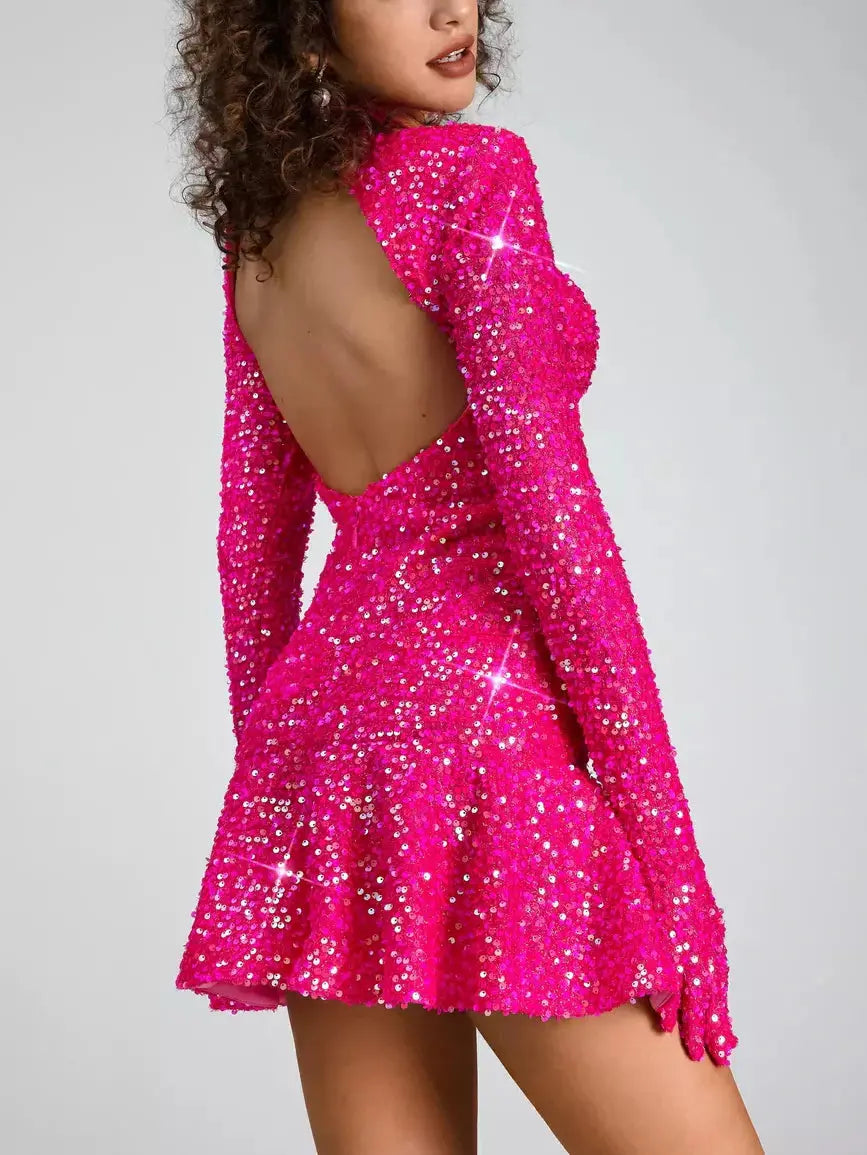 Backless Fuchsia Pink Glitter Sequin Dress - Dresses