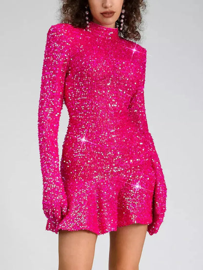 Backless Fuchsia Pink Glitter Sequin Dress - Dresses