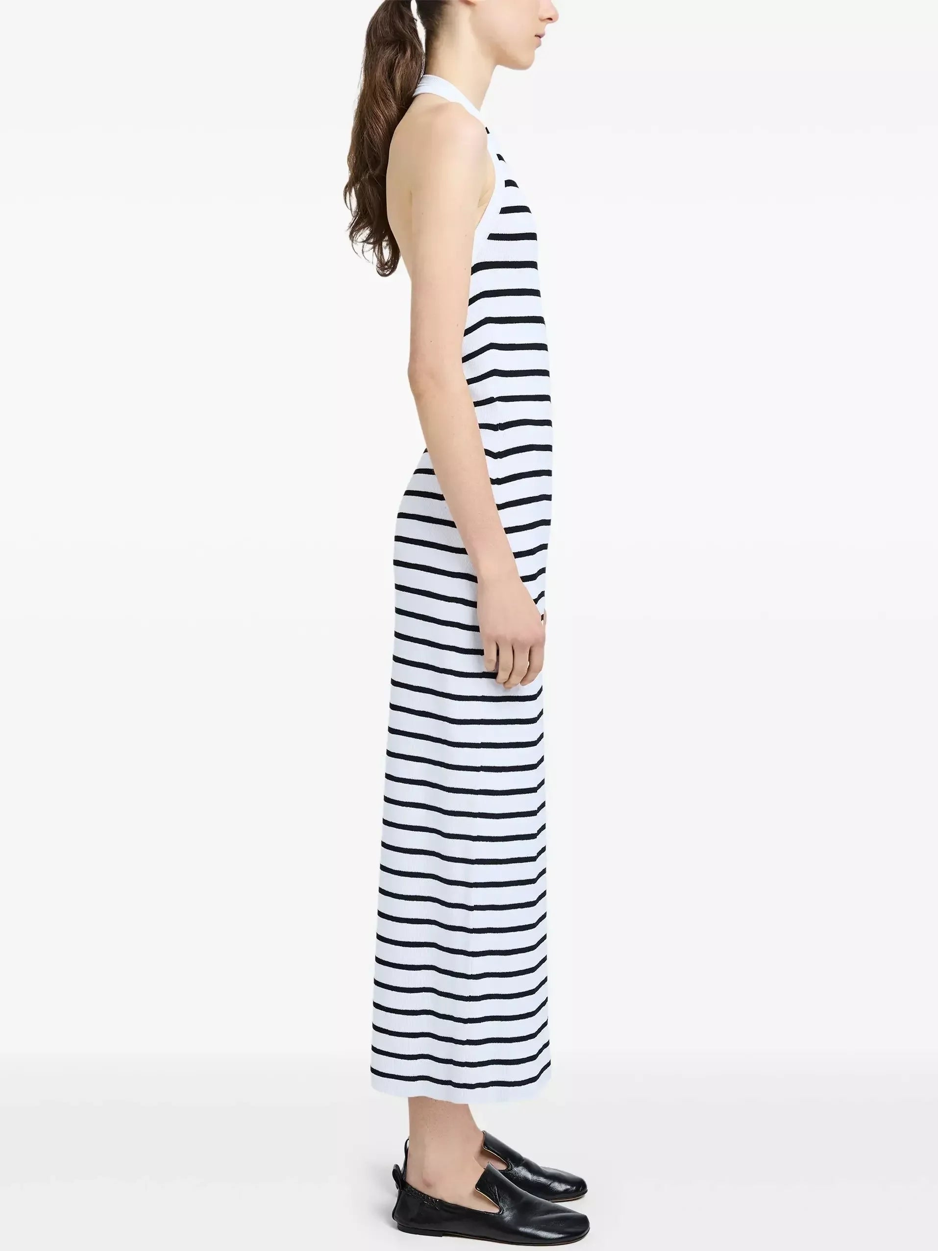 Backless White and Black Striped Knit Maxi Dress - Dresses