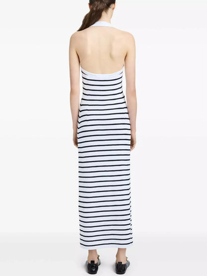 Backless White and Black Striped Knit Maxi Dress - Dresses