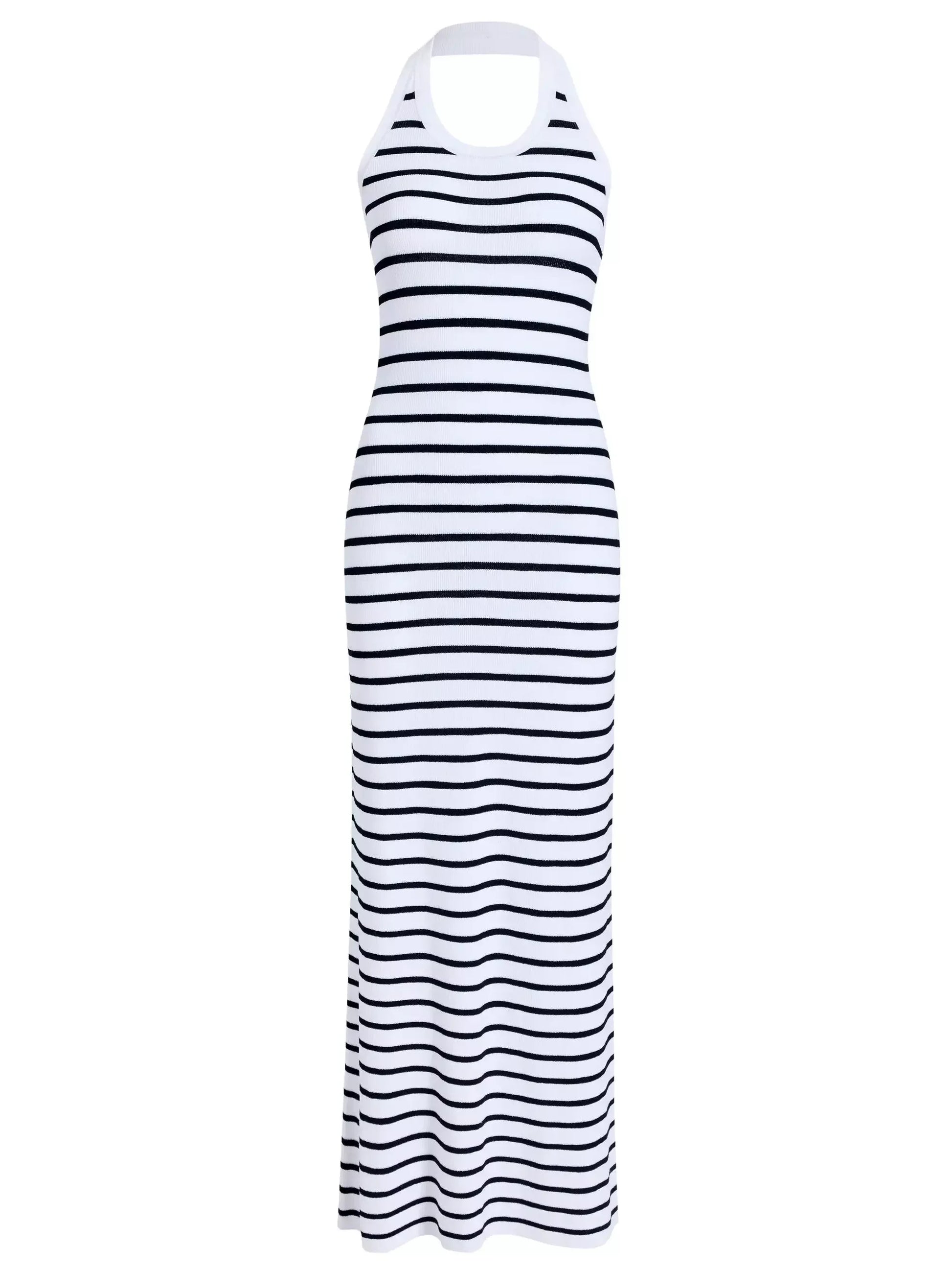 Backless White and Black Striped Knit Maxi Dress - S - Dresses