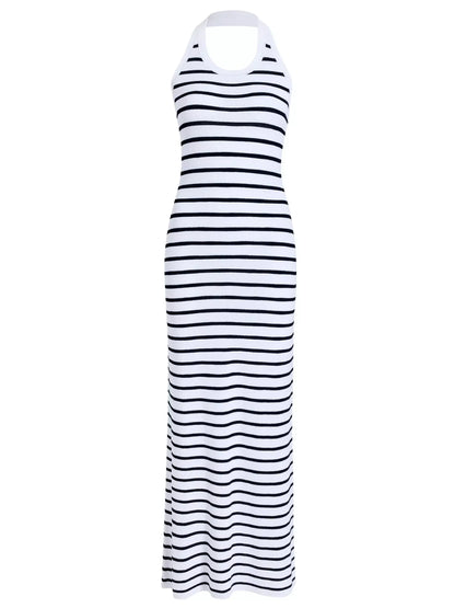 Backless White and Black Striped Knit Maxi Dress - S - Dresses