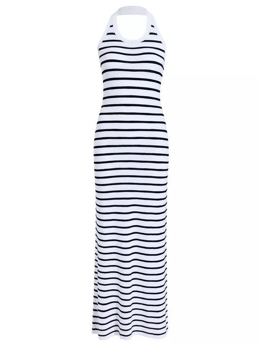 Backless White and Black Striped Knit Maxi Dress - S - Dresses