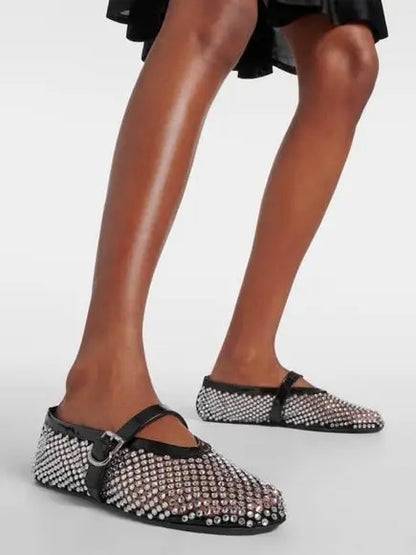 Rhinestone-embellished black leather ballet flats from Branna Couture for high-end women’s fashion