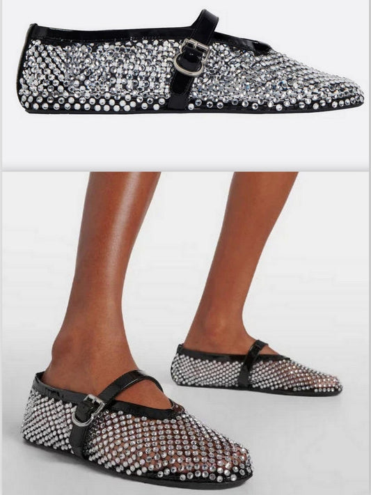 Ballet Flats in Fishnet and Strass - Footwear