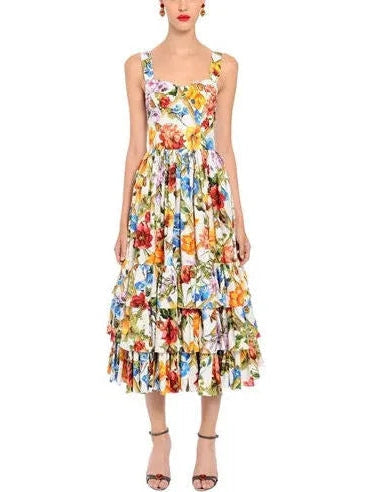 Bamboo Printed Tiered Midi Dress - s - Dresses