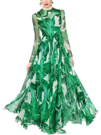 Banana Leaf Printed Long Gown - Dresses