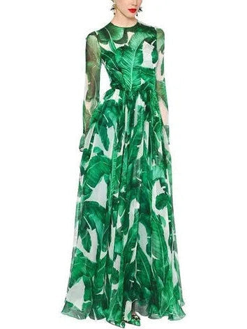 Banana Leaf Printed Long Gown - s - Dresses