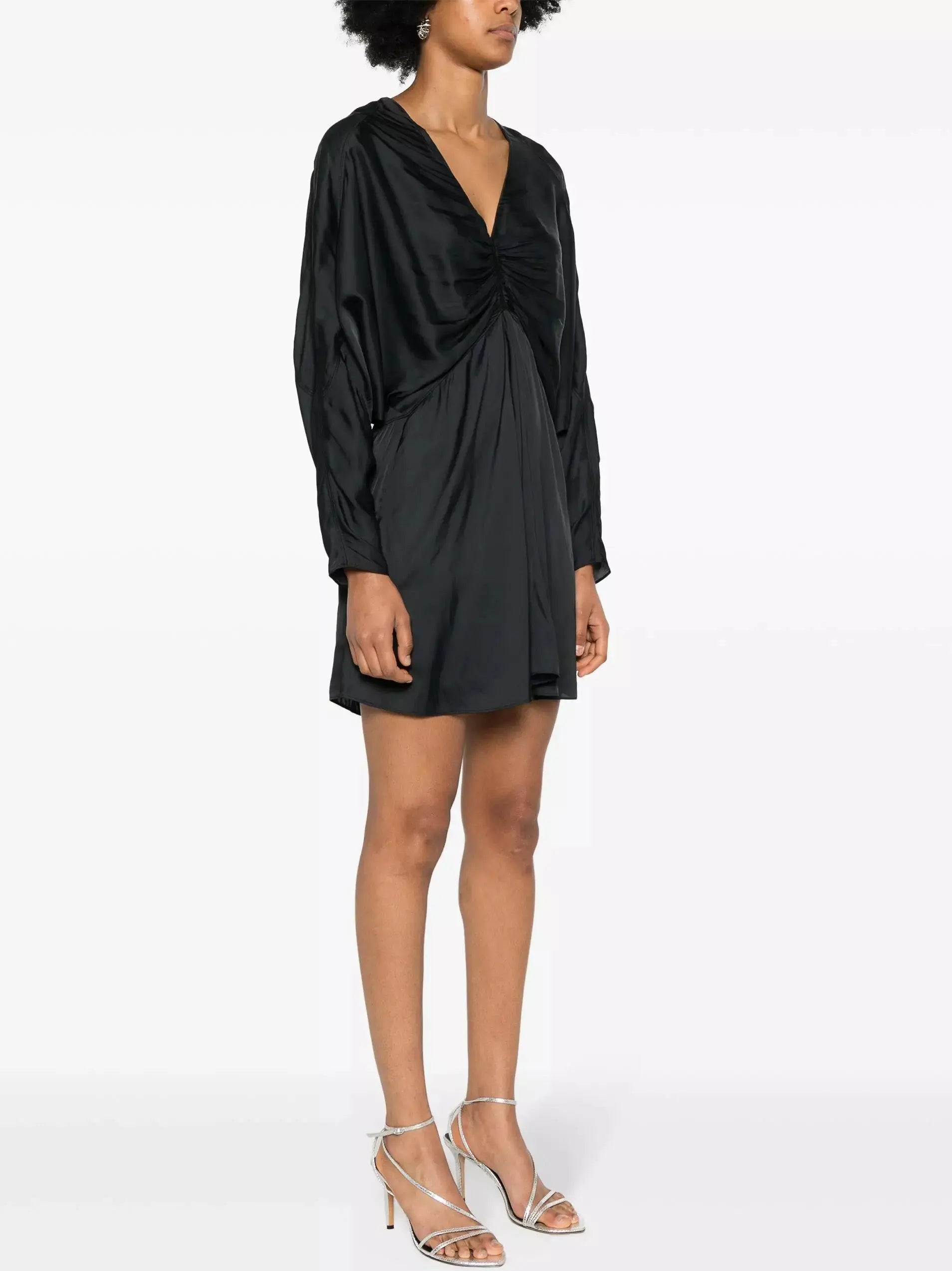 Batwing Black Satin Draped Mini Dress - Dresses