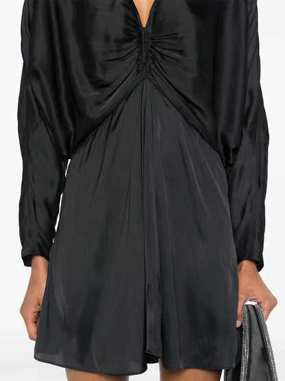 Batwing Black Satin Draped Mini Dress - Dresses