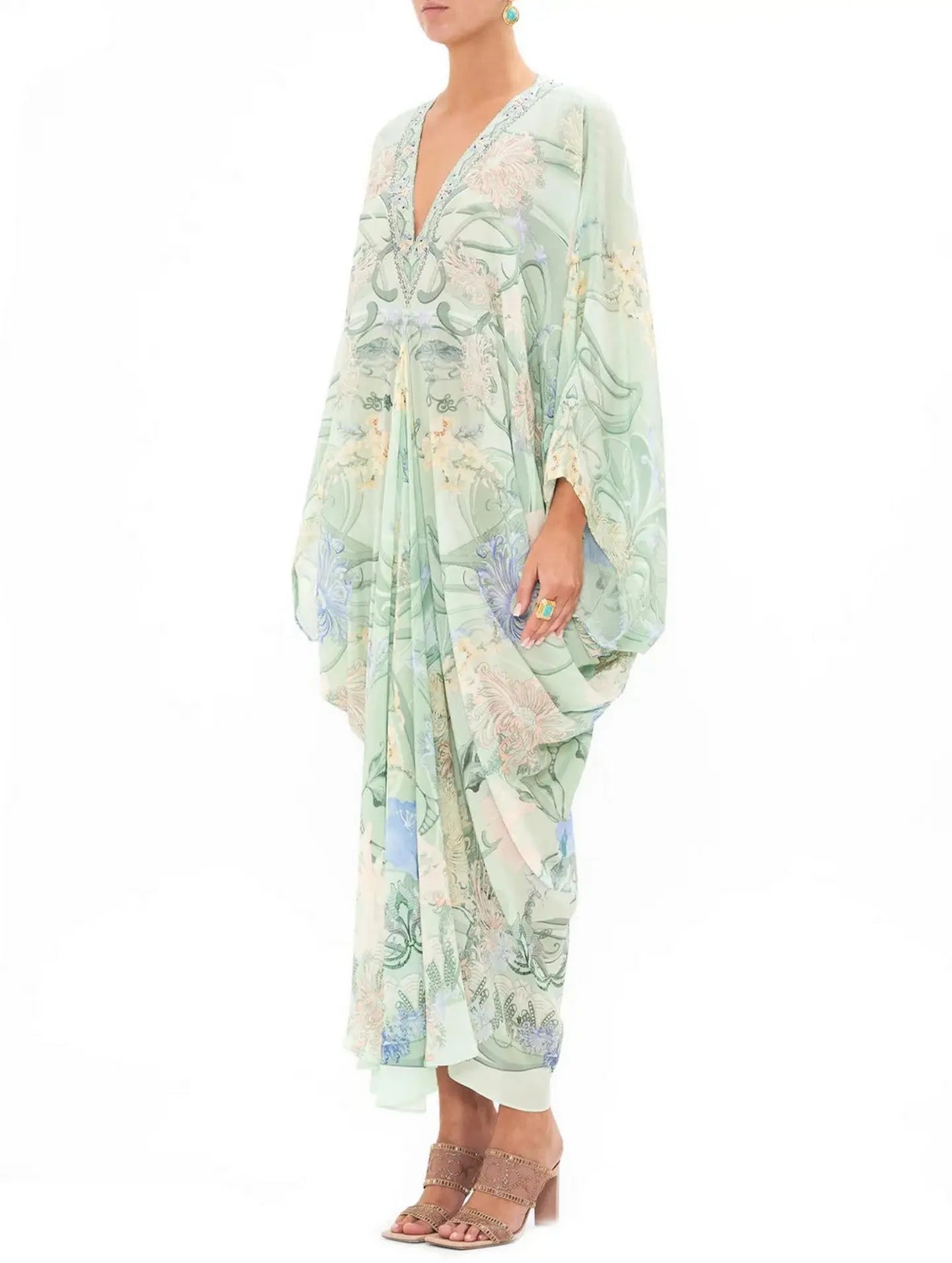 Batwing-Sleeve Draped Print V-Neck Silk Kaftan in Mint - One size - Dresses