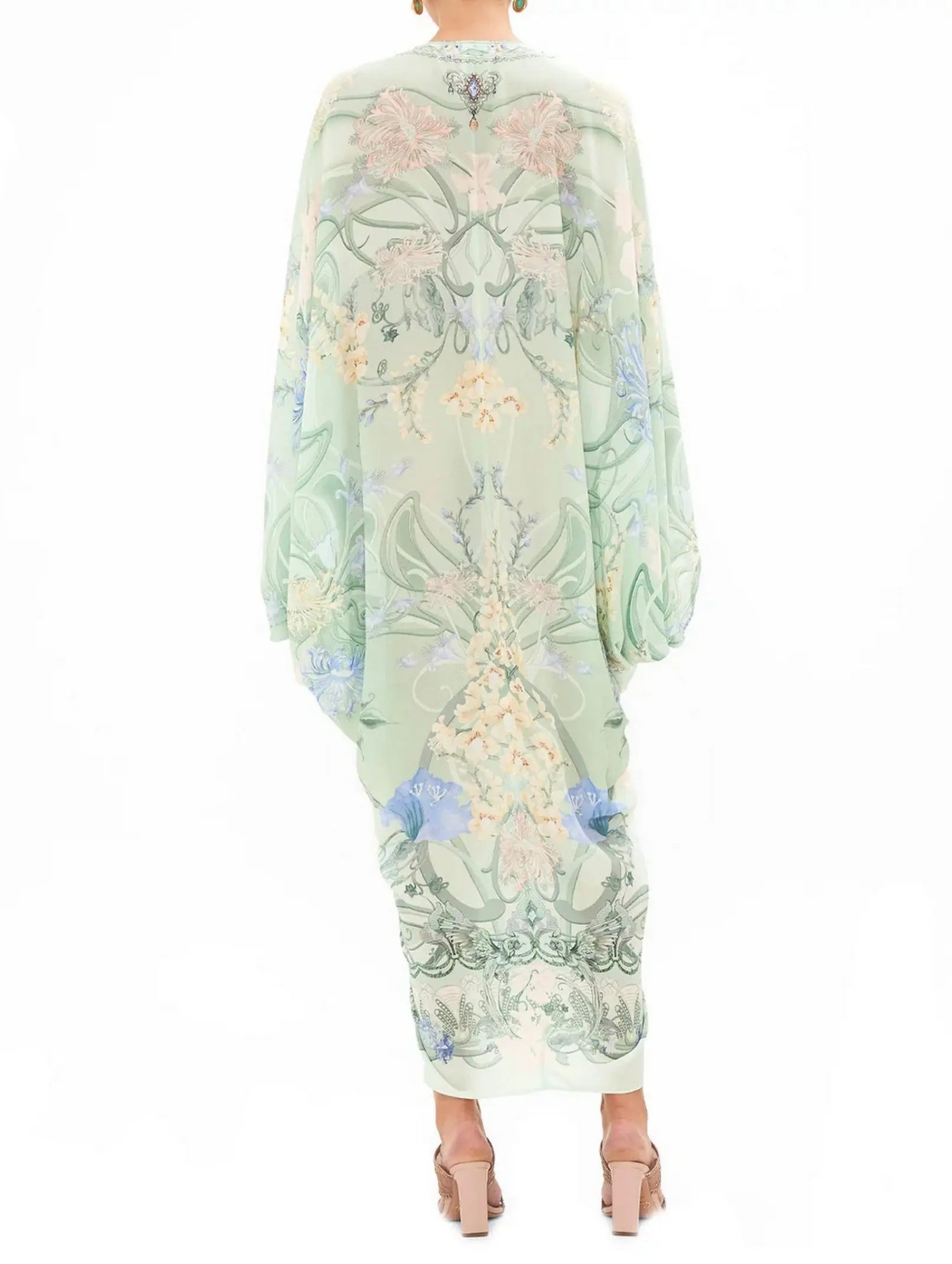 Batwing-Sleeve Draped Print V-Neck Silk Kaftan in Mint - One size - Dresses