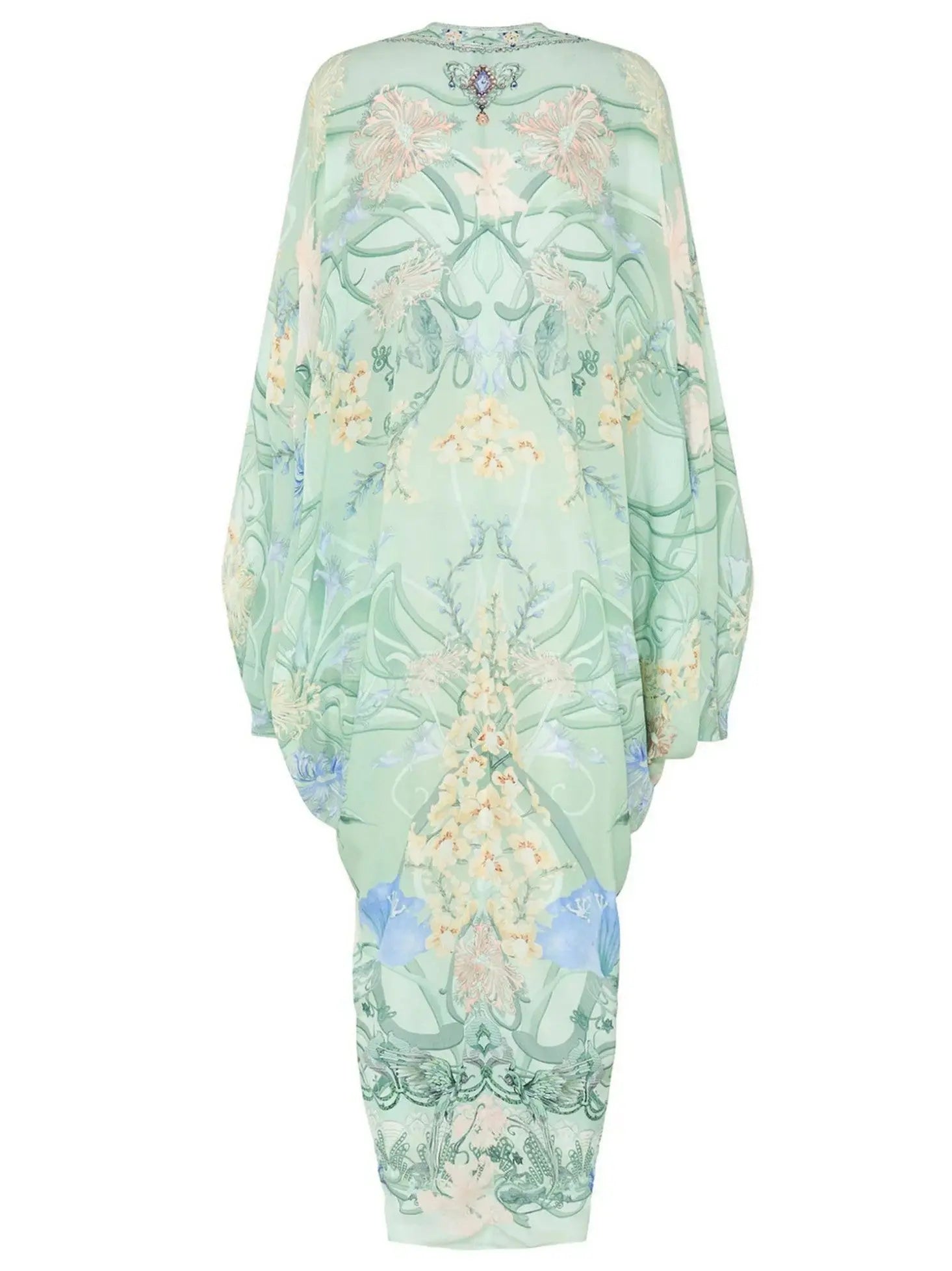 Batwing-Sleeve Draped Print V-Neck Silk Kaftan in Mint - One size - Dresses