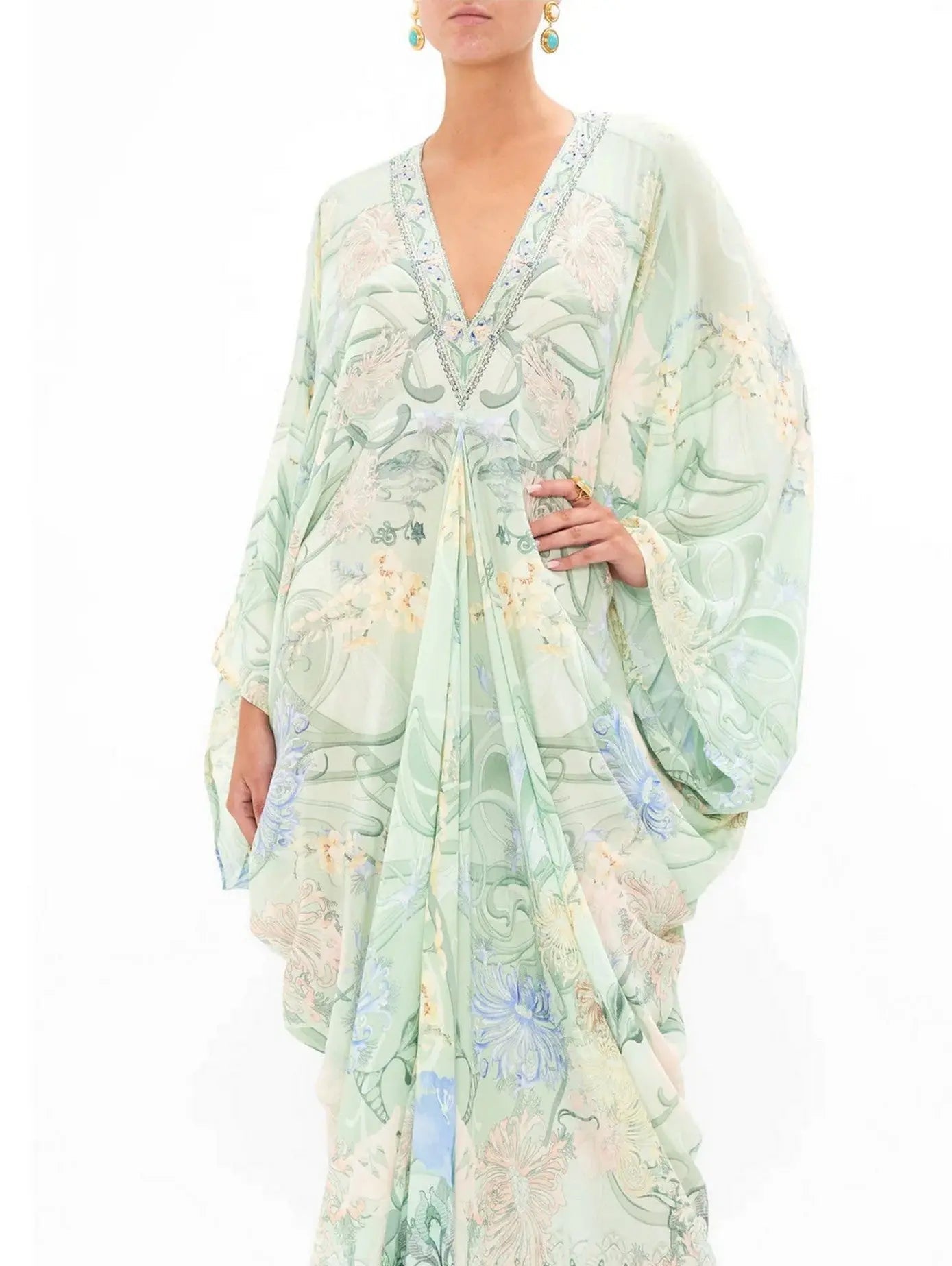 Batwing-Sleeve Draped Print V-Neck Silk Kaftan in Mint - One size - Dresses