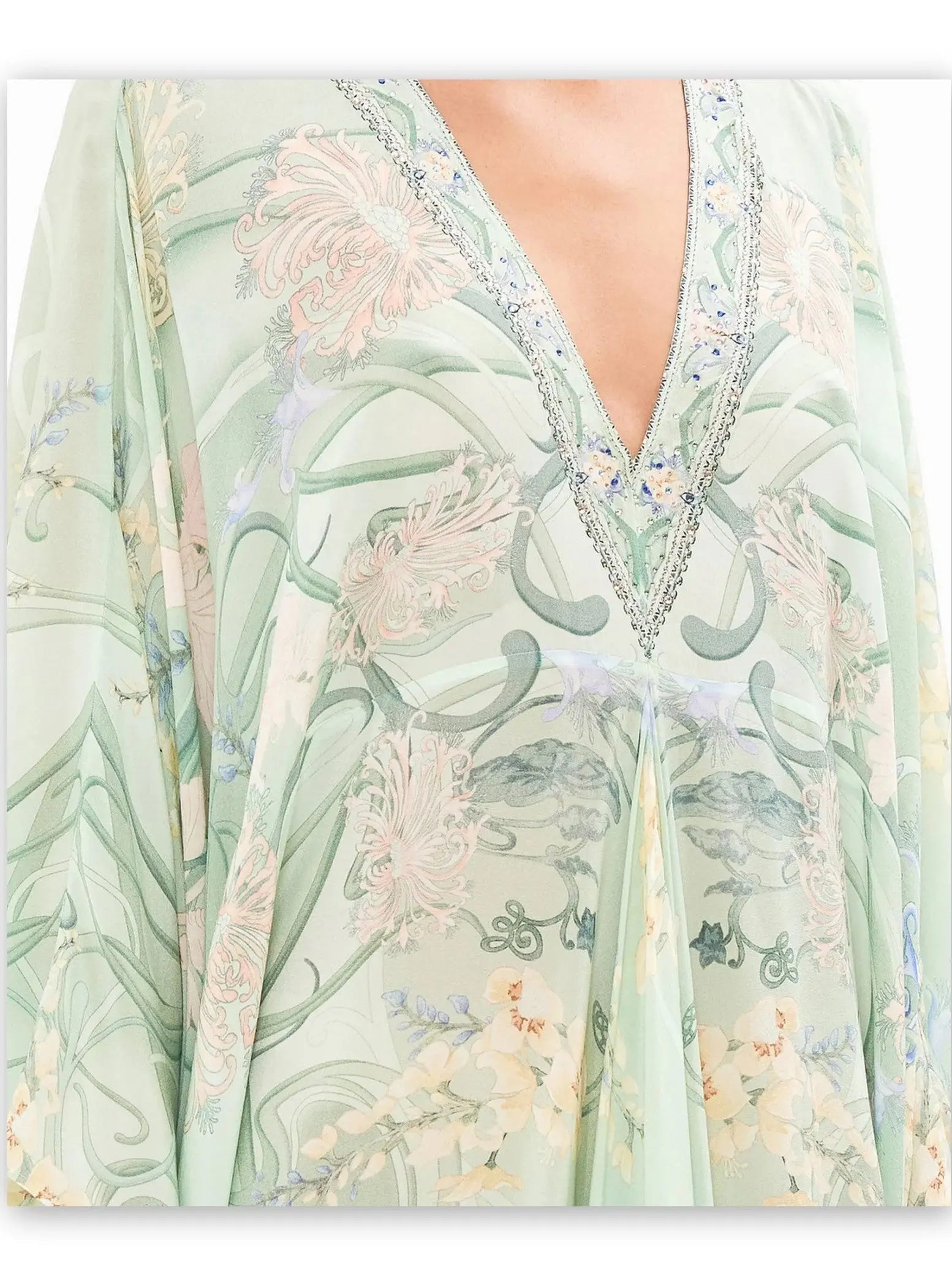 Batwing-Sleeve Draped Print V-Neck Silk Kaftan in Mint - One size - Dresses