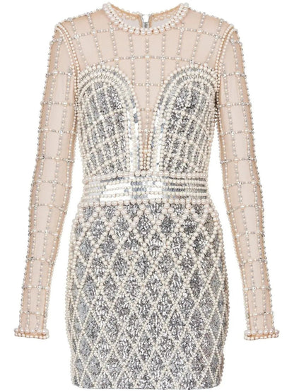 Bead and Crystal Embellished Sequined Mini Dress - Dresses