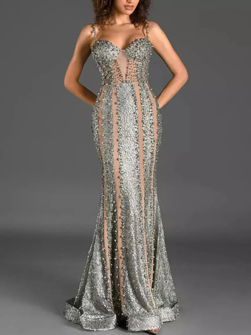 Bead and Sequin-Embellished Long Fitted Gown - Dresses