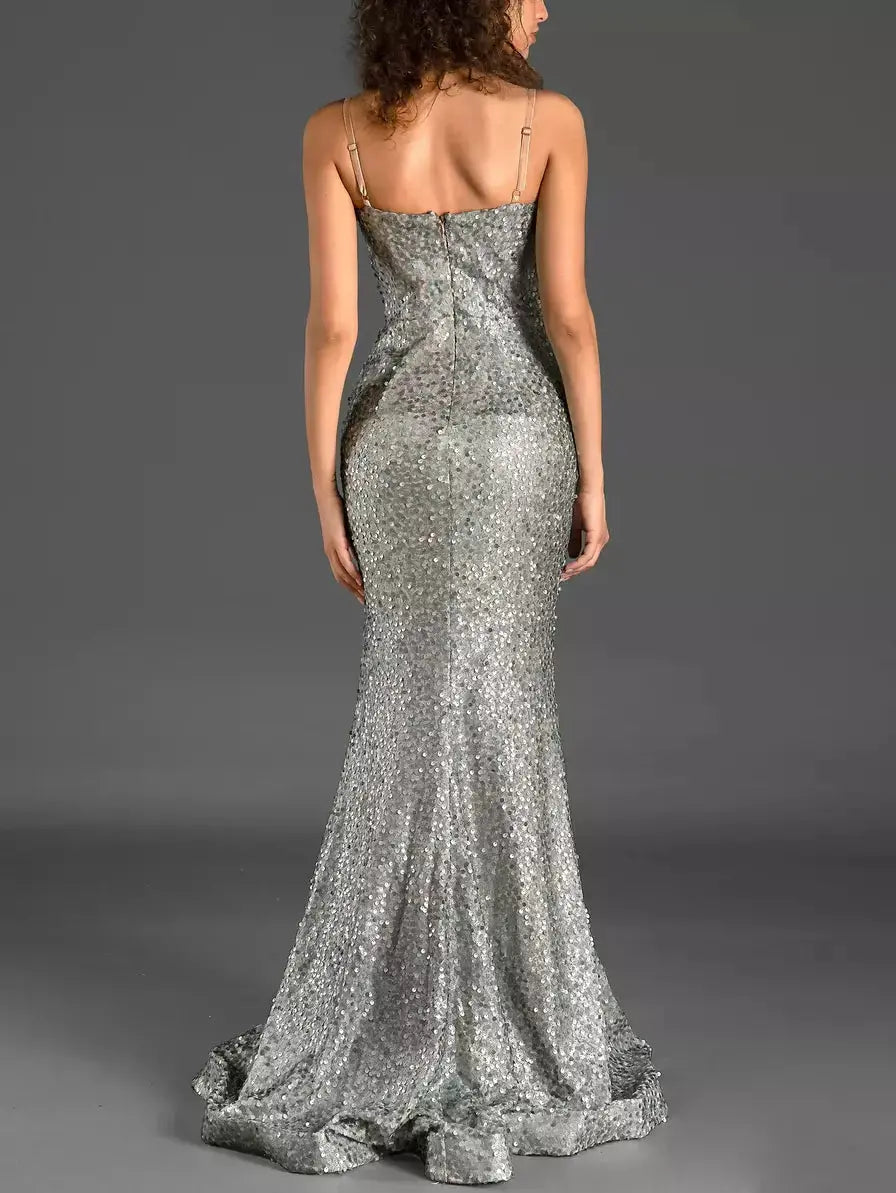 Bead and Sequin-Embellished Long Fitted Gown - Dresses