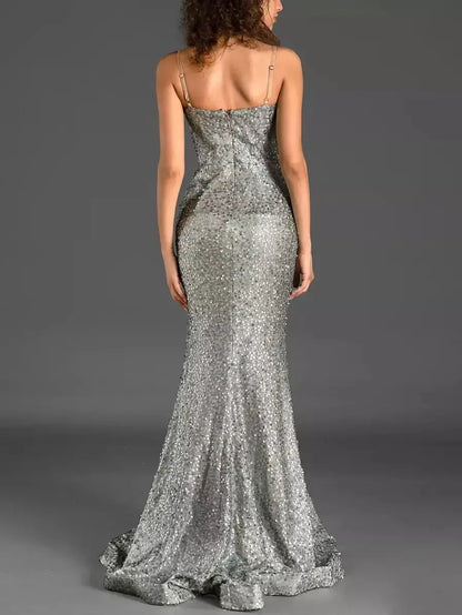 Bead and Sequin-Embellished Long Fitted Gown - Dresses