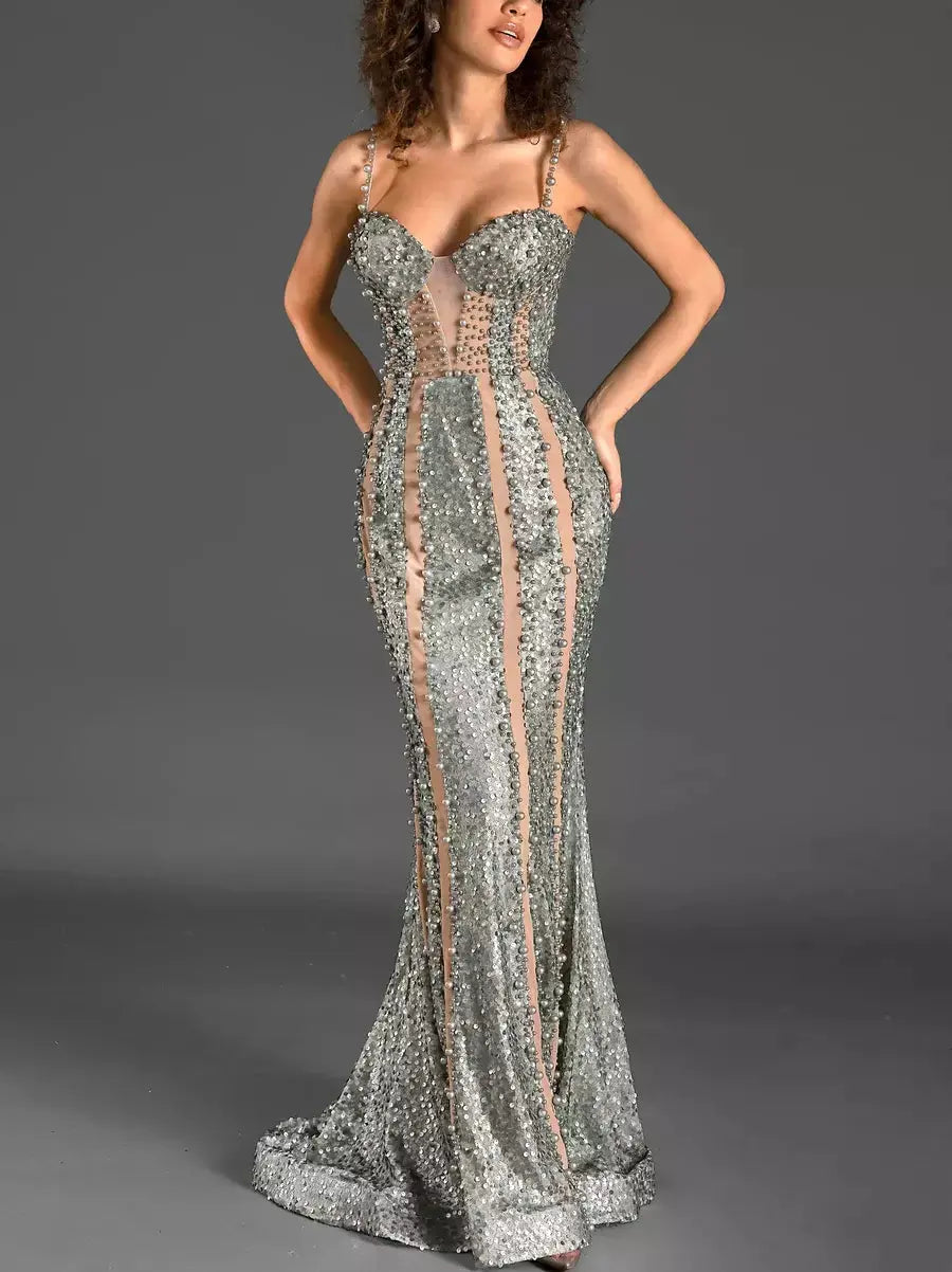 Bead and Sequin-Embellished Long Fitted Gown - Dresses