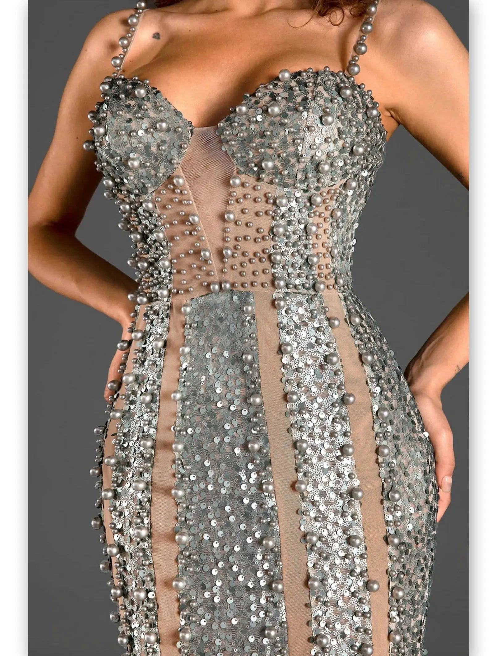 Bead and Sequin-Embellished Long Fitted Gown - Dresses