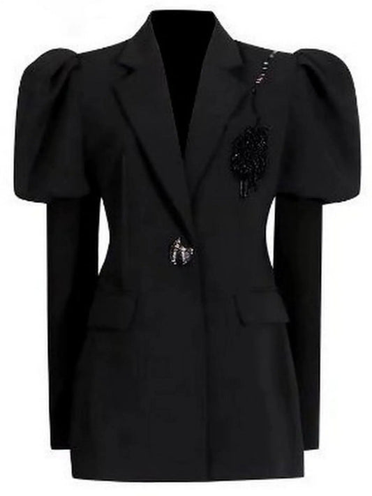 Bead-Embellished Black Puff-Sleeve Blazer - Jackets