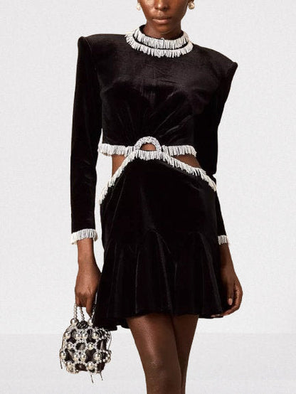 Bead-Embellished Black Velvet Mini Dress - Dresses