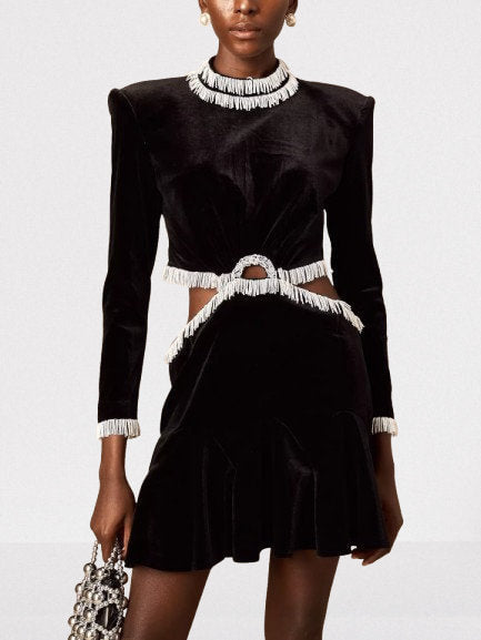 Bead-Embellished Black Velvet Mini Dress - Dresses