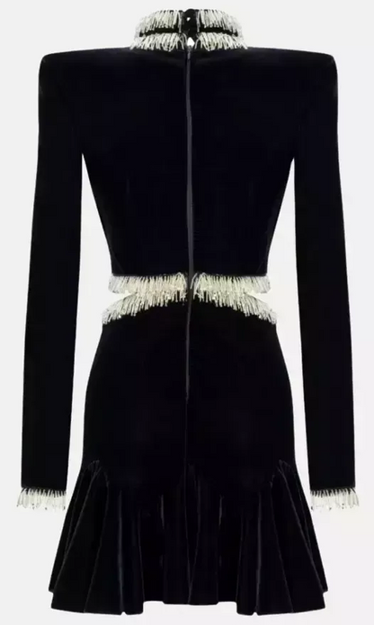 Bead-Embellished Black Velvet Mini Dress - Dresses