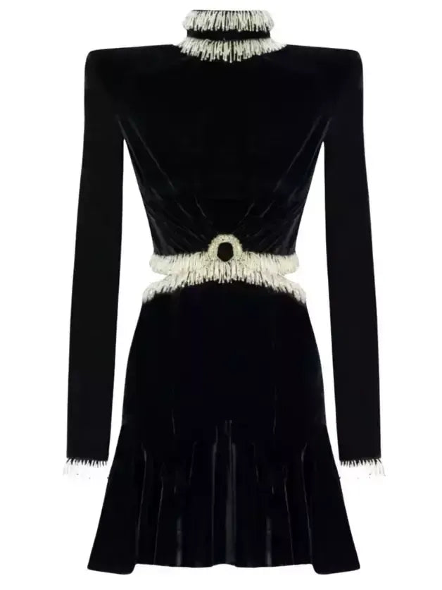 Bead-Embellished Black Velvet Mini Dress - Dresses